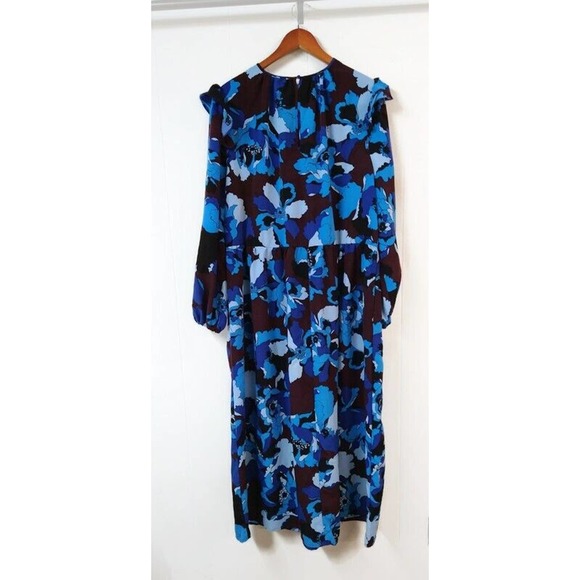 Who What Wear WM XXL Dress Blue Long Sleeves Ruffle on Shoulder Floral Print - Picture 5 of 5